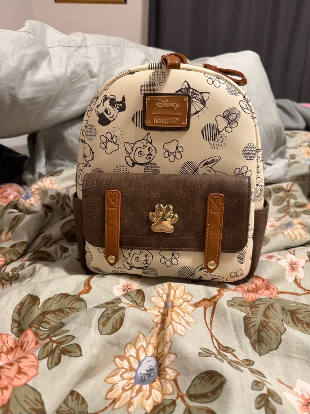 Loungefly Cream & Brown Disney animal characters mini back pack with Gold Accent